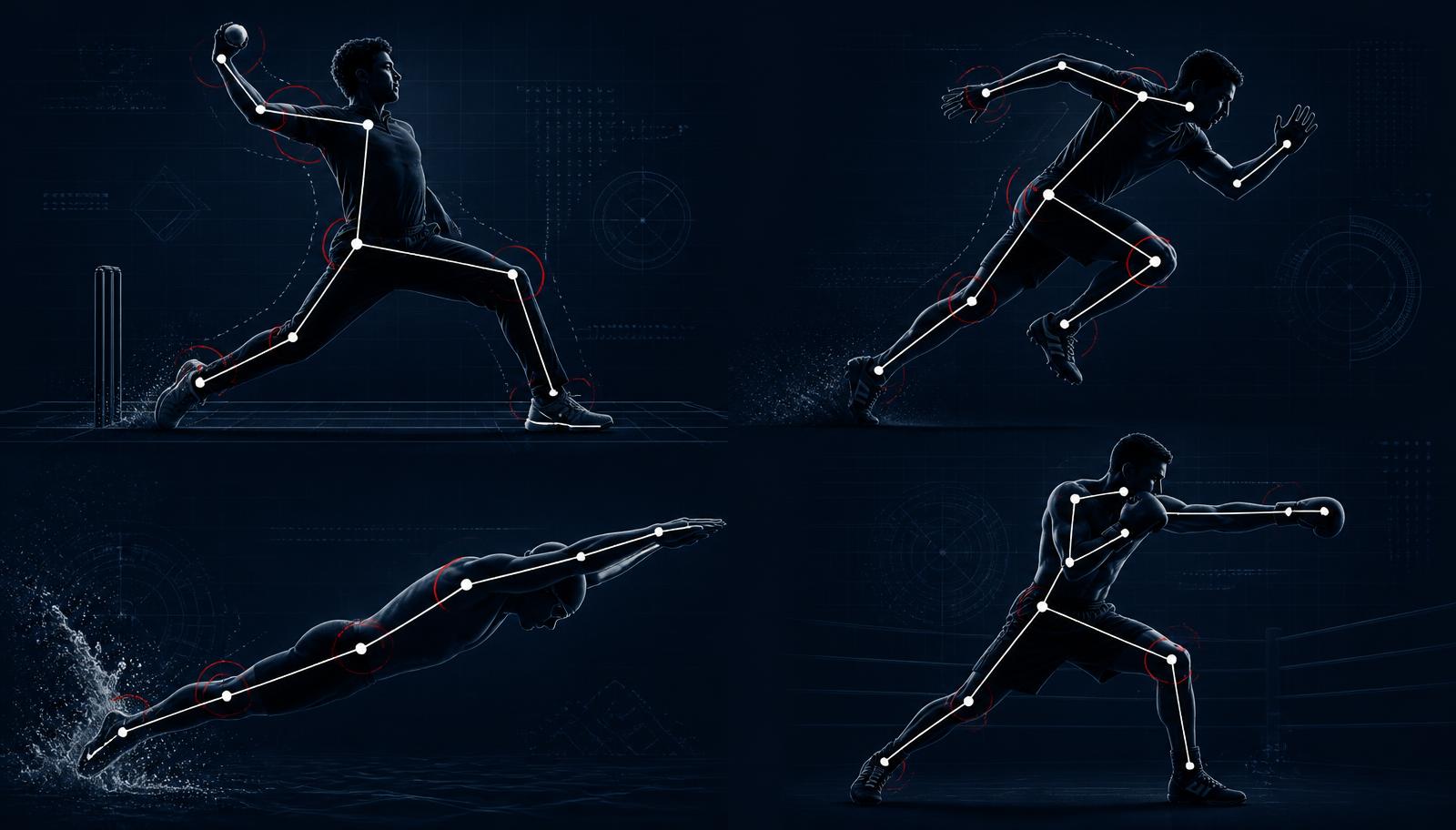 Cricket bowler, footballer, swimmer and boxer with pose-estimation skeleton overlays